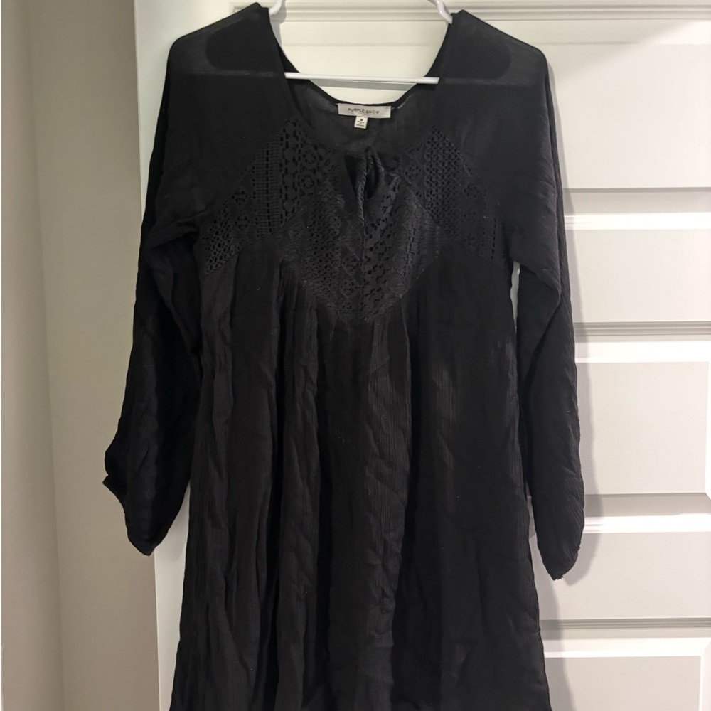 Black Relaxed Smocked Tunic Dress